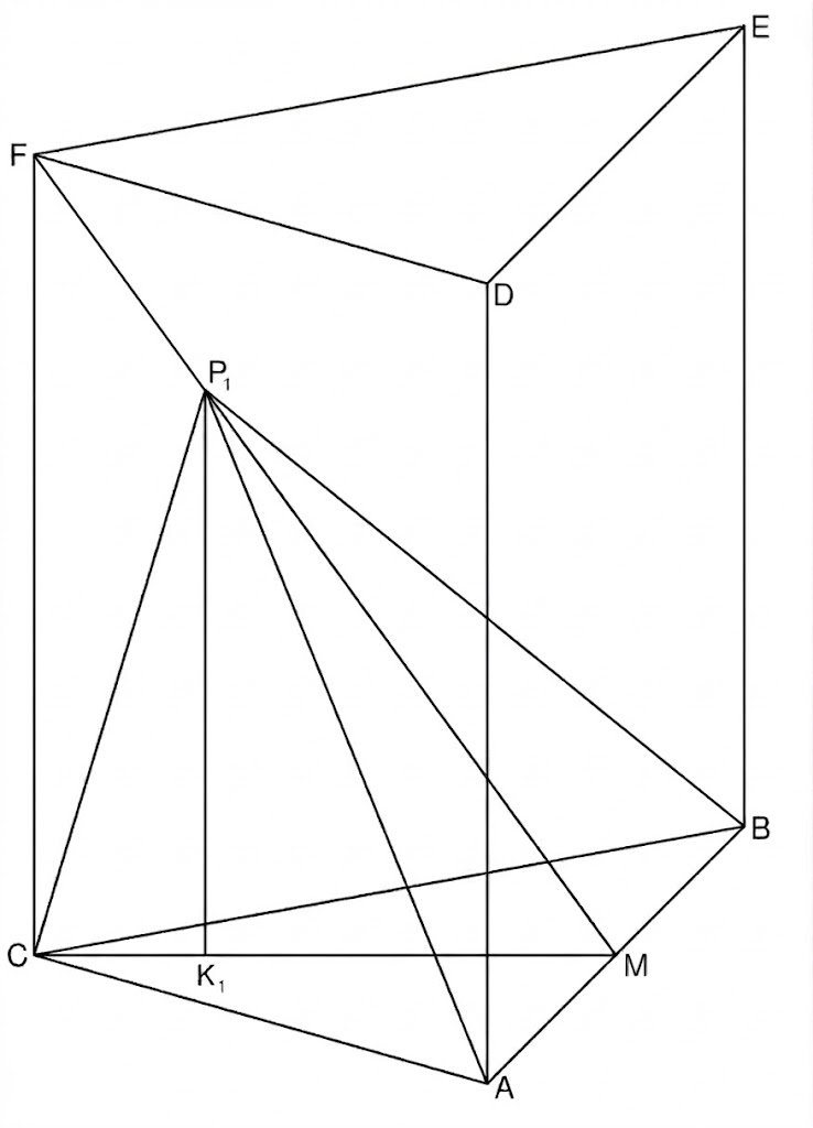 Geometrische Skizze eines Quaders mit markierten Punkten (A,B,C,D,E,F,P1,K1,M) und mehreren Diagonalen/Verbindungsstrecken.